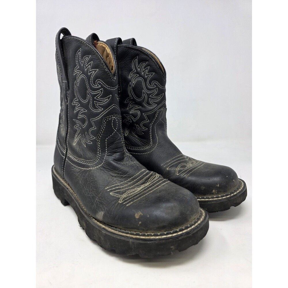 Ariat FatBaby 2 White Embroider Black Boots Western Cowboy Ranch Size 9B